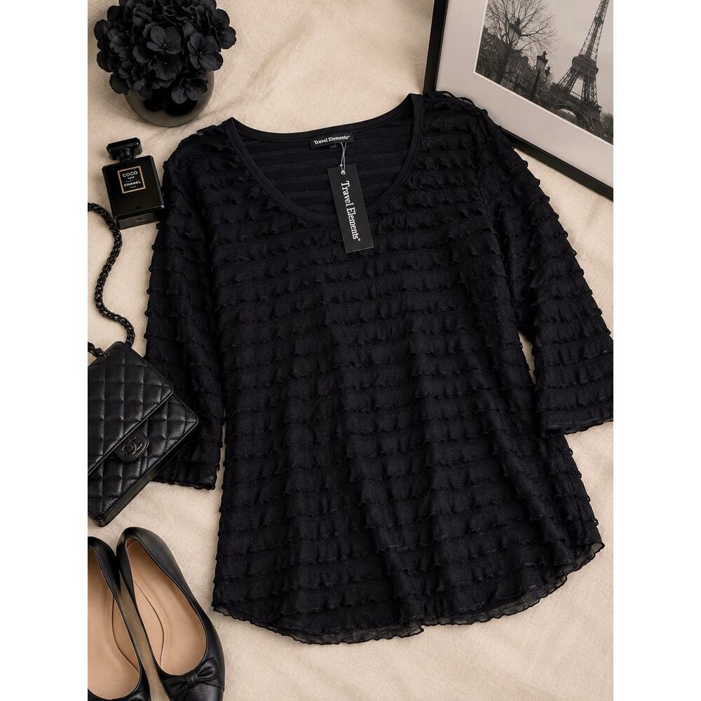 Travel Elements Black Tiered Ruffle Textured Tunic Top Women’s XL NWT
